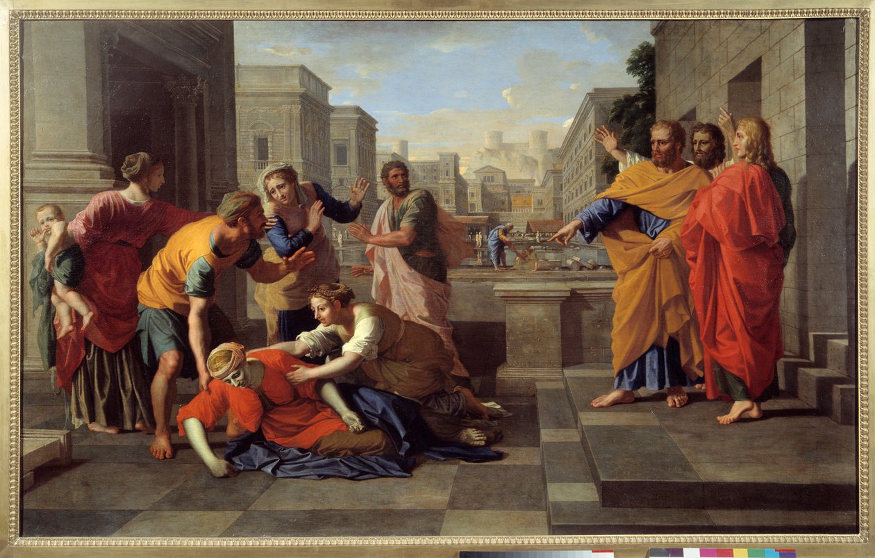 A morte de Saphira. Um homem chamado Ananias, e sua esposa Saphira, venderam uma propriedade e mantiveram parte do preço; sua esposa sabia disso; então ele carregou o resto e colocou aos pés dos apotadores para reunir os fundos em um reunião dos apostadore de Nicolas Poussin