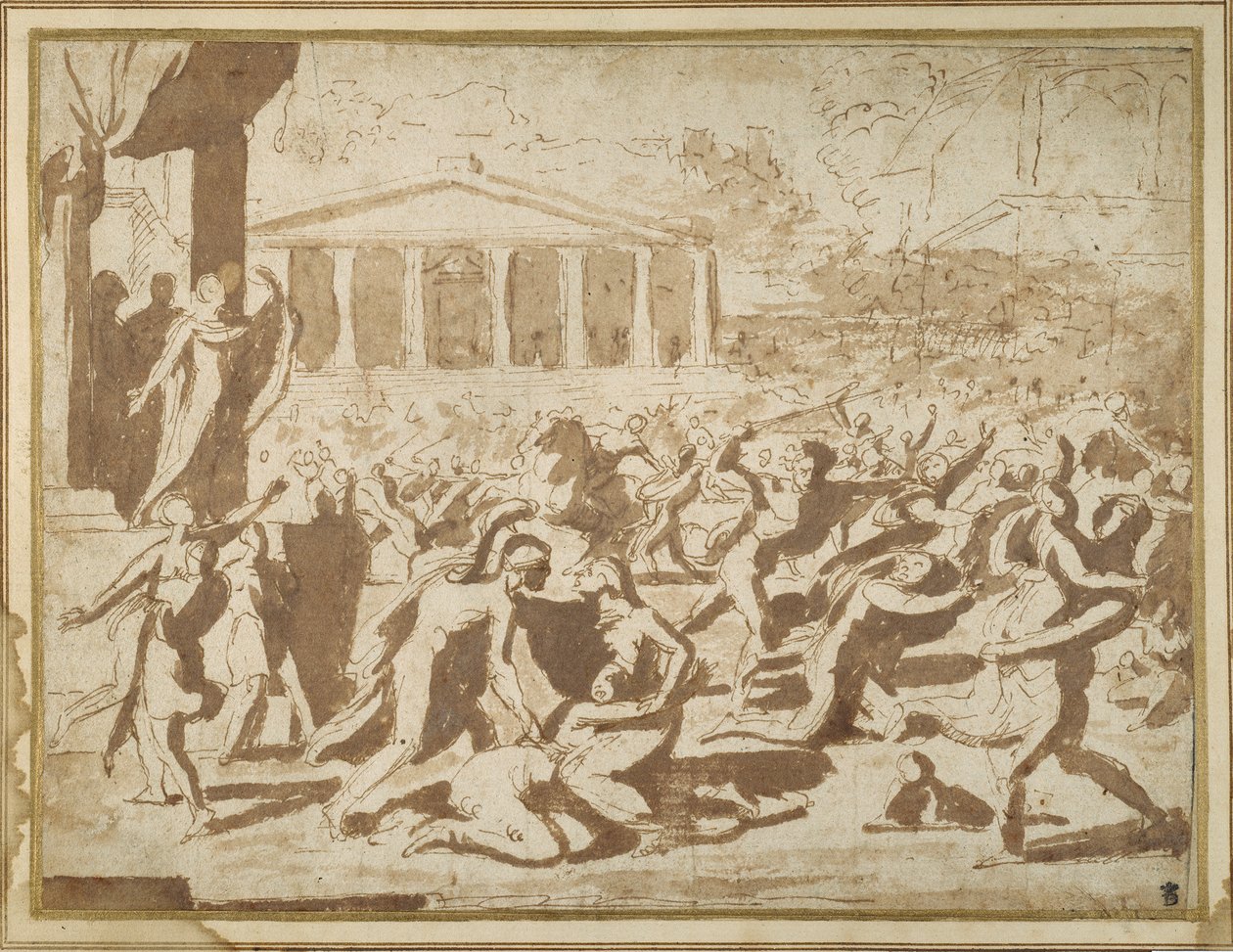 Estudo para o Sequestro das Mulheres Sabine, c.1633 (tinta e lavagem em papel) de Nicolas Poussin