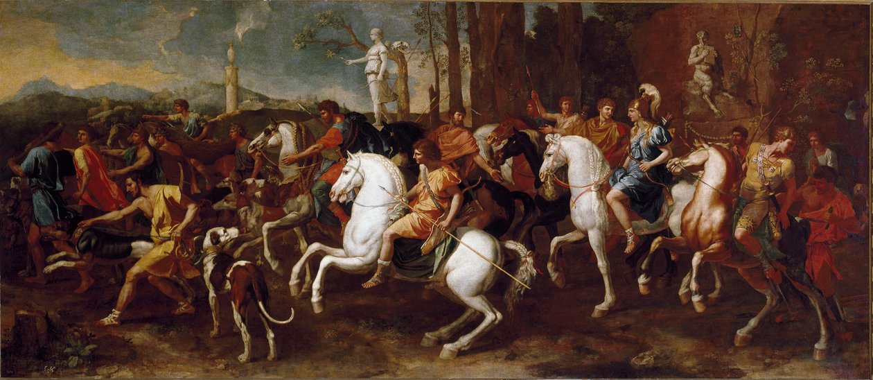A caça de Meleagre. Heros da mitologia grega que são famosos durante a caça ao javali de Calydon. Pintura de Nicolas Poussin de Nicolas Poussin