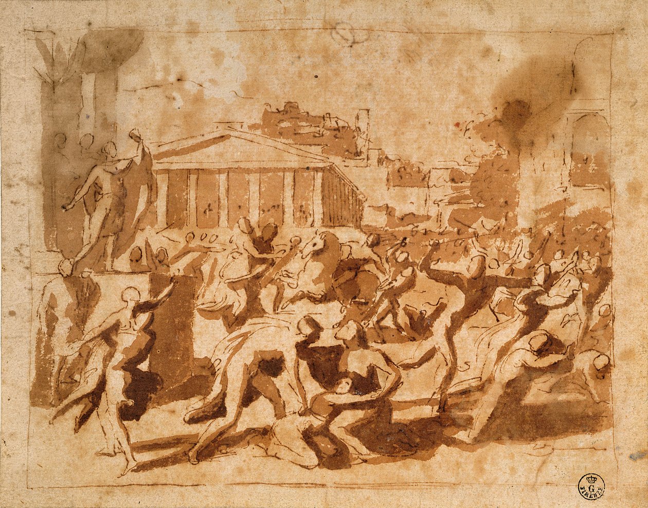 O Estupro das Mulheres Sabinas (caneta e tinta no papel) de Nicolas Poussin