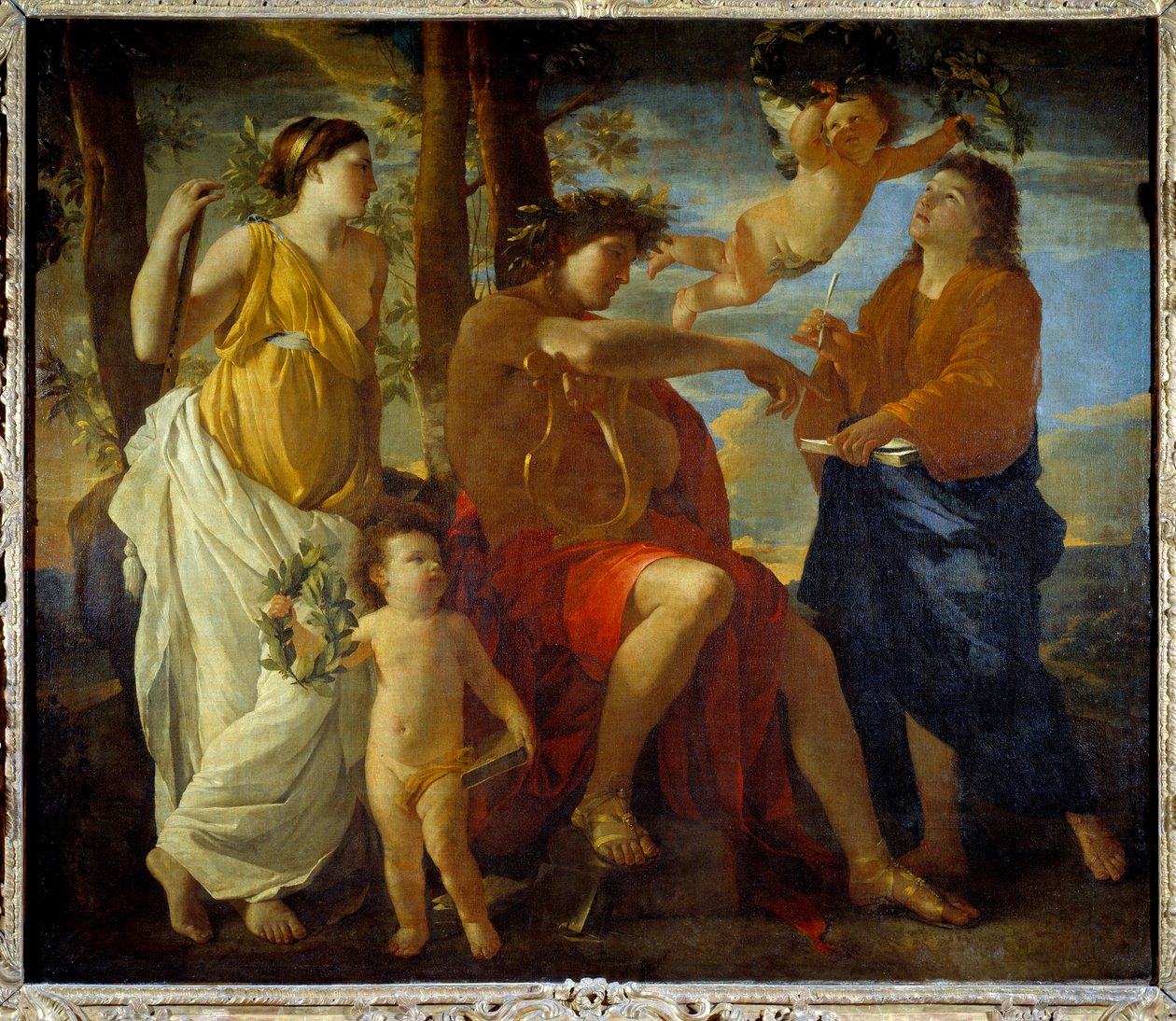 A inspiração do poeta Un poete, uma lira na mão e touca de uma coroa de louros, é cercada por musas e putti. pintura de Nicolas Poussin de Nicolas Poussin