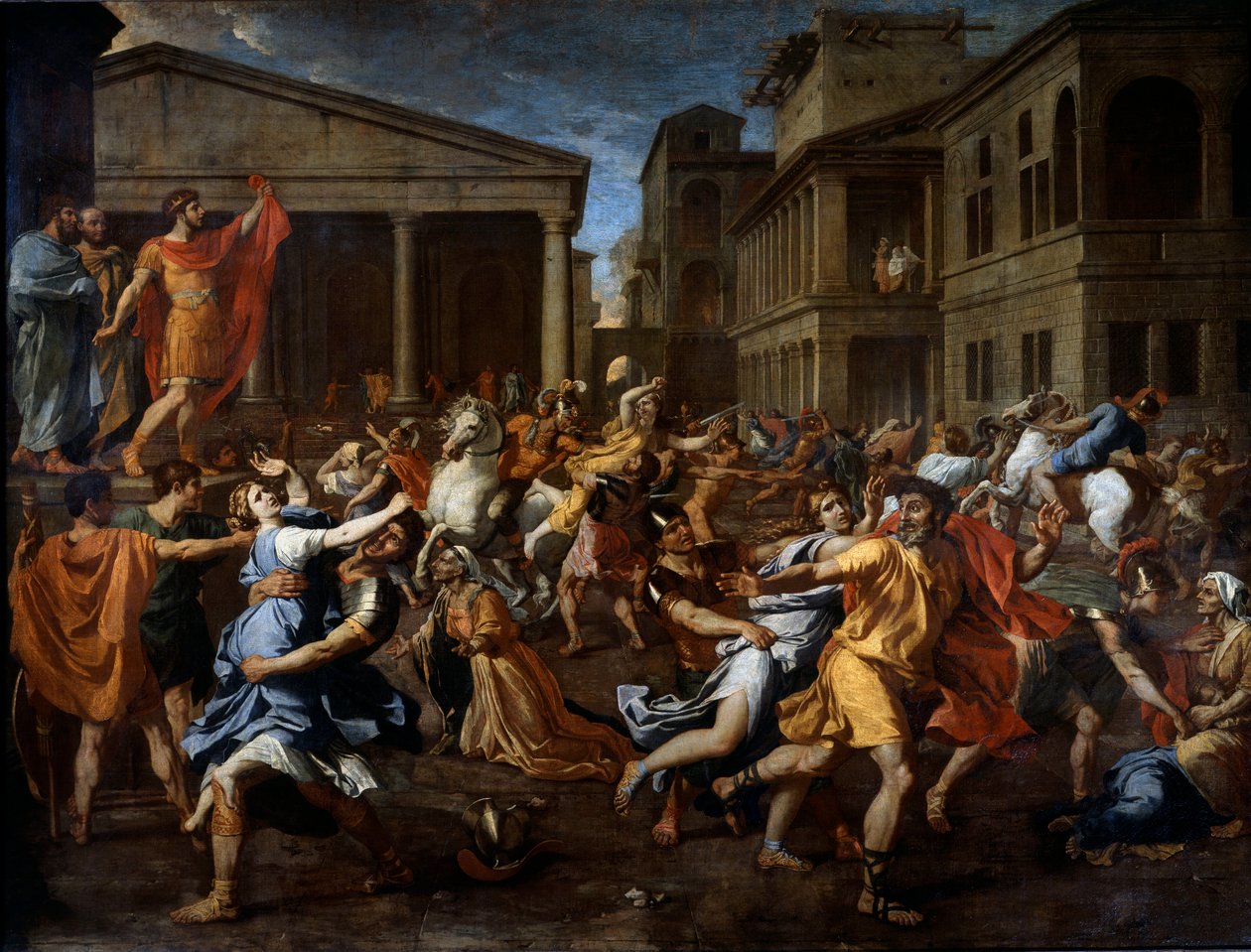 A remoção dos sabines pelos romanos. Romulus, à esquerda, observa a cena. Pintura de Nicolas Poussin de Nicolas Poussin