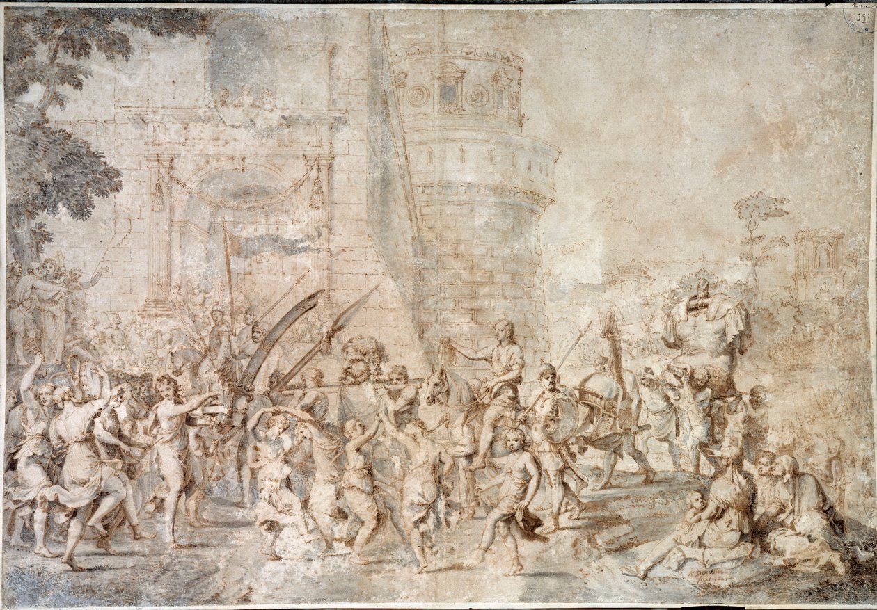 O triunfo de Davi trazendo de volta a cabeça de Golias Desenho de Nicolas Poussin de Nicolas Poussin