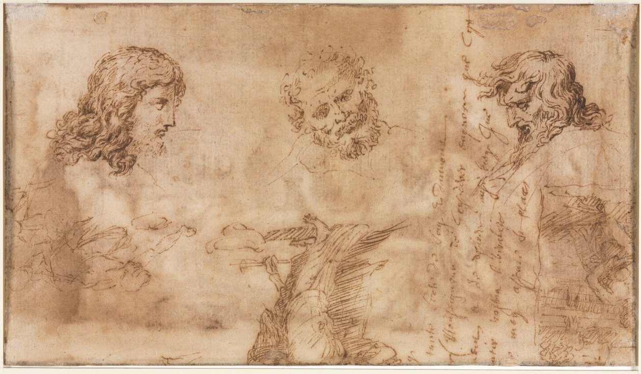 Três cabeças e outros esboços (verso) de Nicolas Poussin