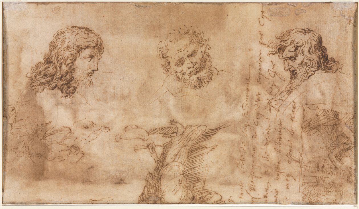 Três cabeças e outros esboços (verso) de Nicolas Poussin