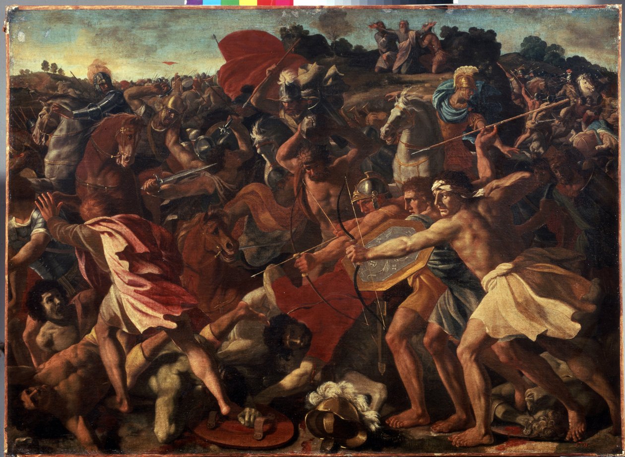 "Vitória de Josué sobre os Amalecitas" durante a batalha entre os israelitas e os Amalecitas - Pintura de Nicolas Poussin (1594-1665), ca. 1624-1625. Óleo sobre tela. Arte francesa, estilo barroco. M de Nicolas Poussin