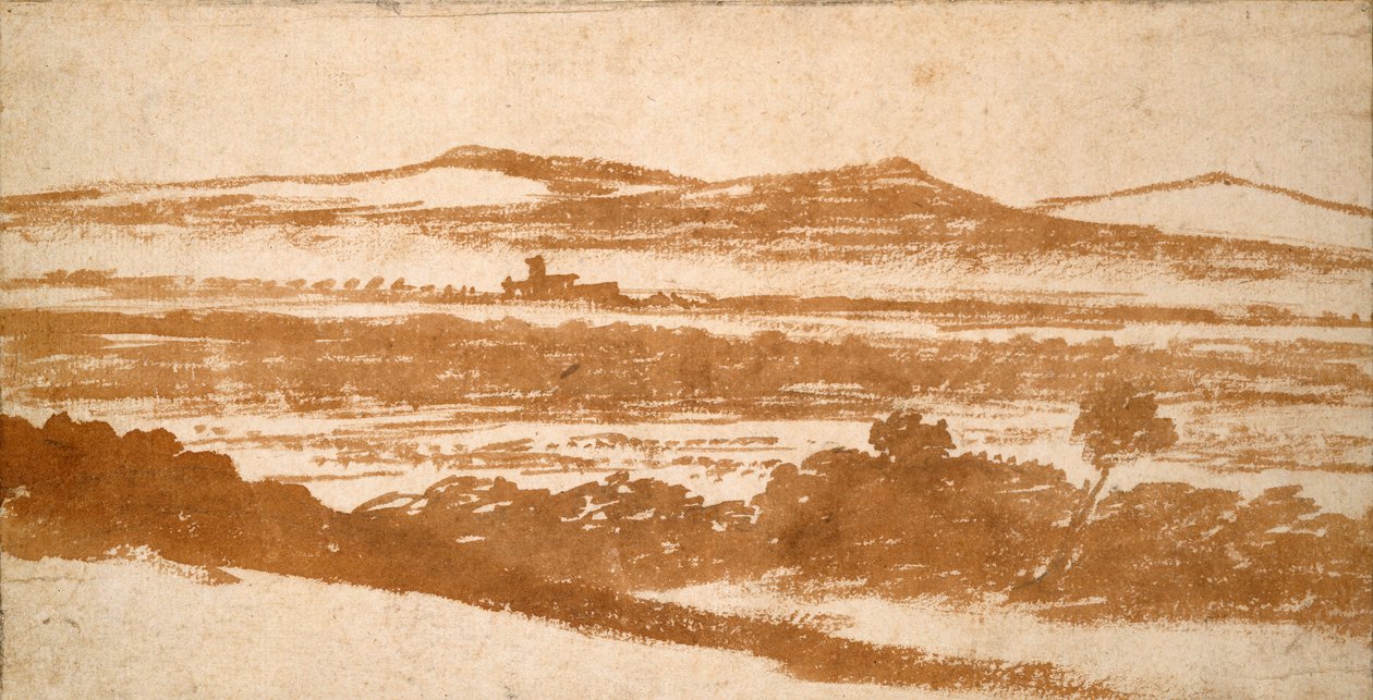 Vista através de um vale em direção a colinas distantes, início do século XVI de Nicolas Poussin