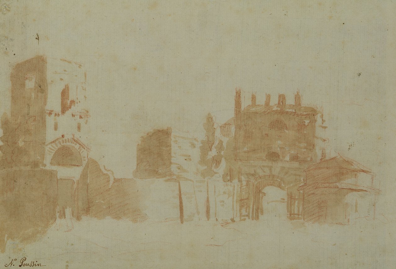 Vista de Roma (lavagem sépia no papel) de Nicolas Poussin