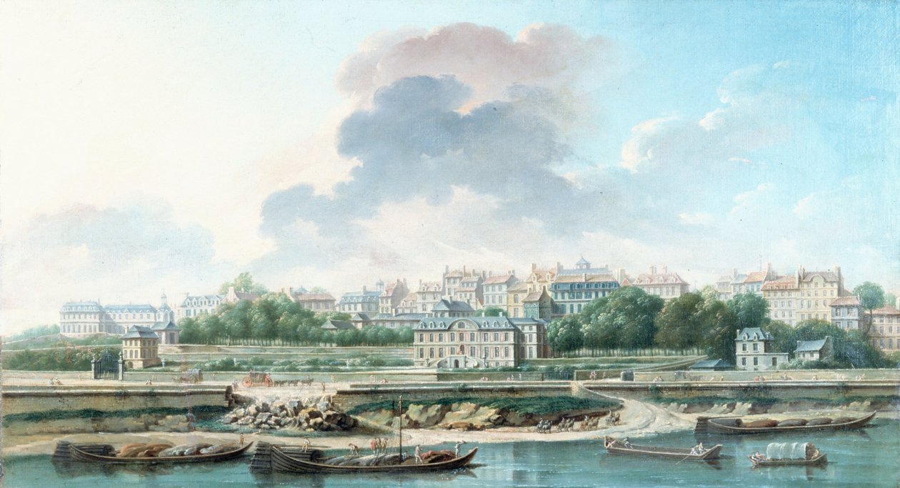 Le Quai et le Village de Passy, vue de la rive gauche, em 1757 (óleo sobre tela) de Nicolas Raguenet