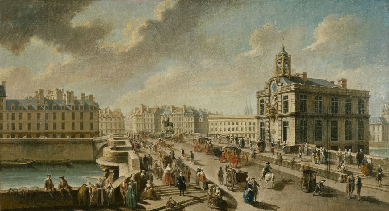Pont-Neuf e a bomba Samaritaine, vistos do Quai de la Mégisserie de Nicolas Raguenet
