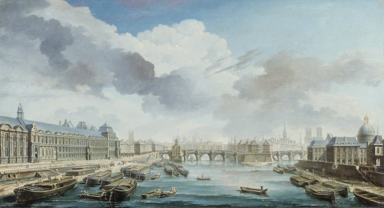 O Louvre, a Pont-Neuf e o Collège des Quatre-Nations, atualmente o Institut de France, vistos da Pont Royal de Nicolas Raguenet