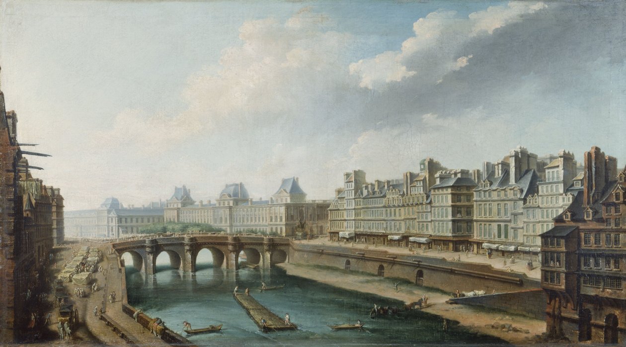 O Louvre, Pont-Neuf e Quai des Orfèvres, visto do Quai des Grands-Augustins, cerca de 1760 (óleo sobre tela) de Nicolas Raguenet