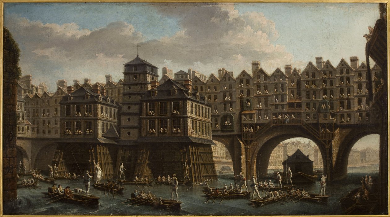 O duelo dos marinheiros, entre a Ponte de Notre-Dame e a Ponte da Mudança de Nicolas Raguenet