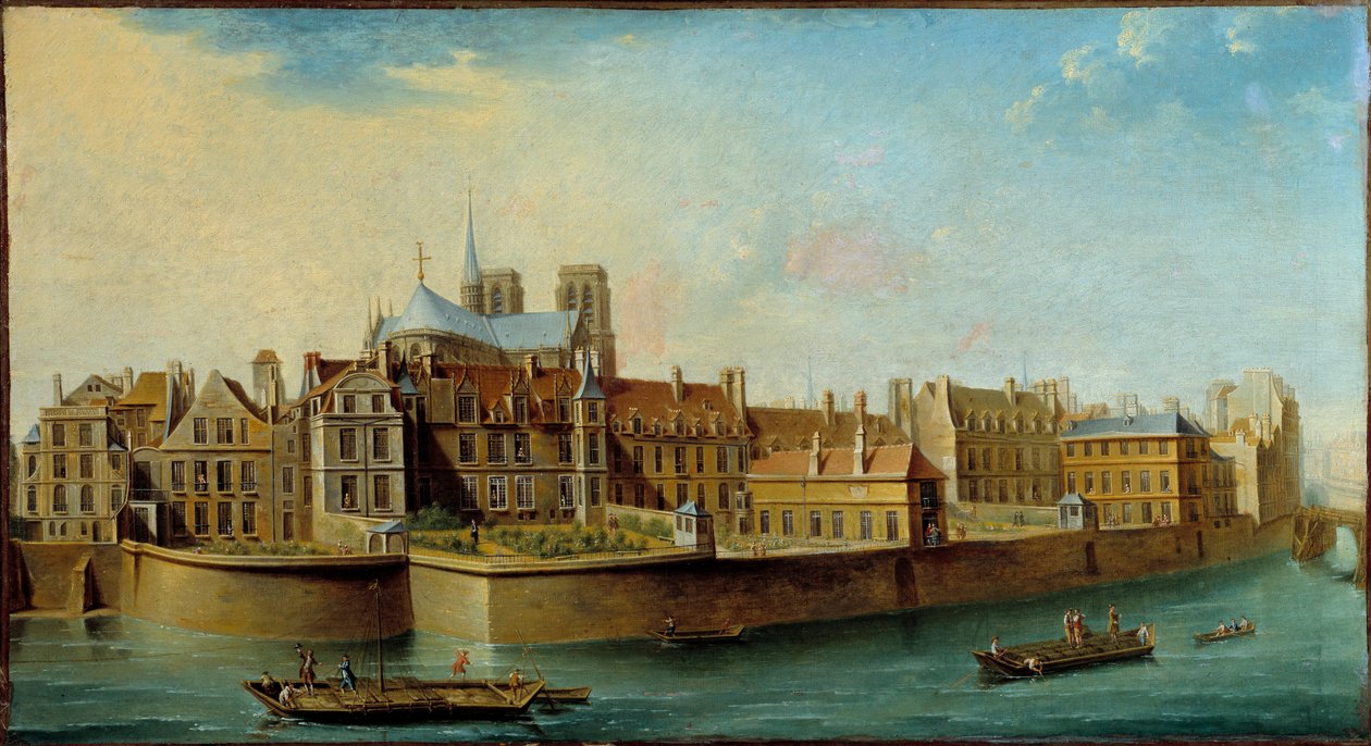 Vista da Ile de la Cite com a abside da Catedral de Notre Dame e do Quai aux Fleurs da Ile Saint Louis em Paris Pintura de Nicolas Raguenet (1715-1793) 1753 Sol. 0,46x0,84 m Paris, Musee Carnavalet - Vista da Ile de la Cite com a aps de Nicolas Raguenet