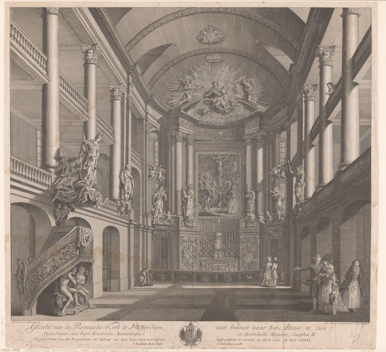 Interior da Igreja de Santa Rosalia em Rotterdam Vista da Igreja Romana em Rotterdam, vista de dentro para o altar (título no objeto) de Nicolas Ransonnette