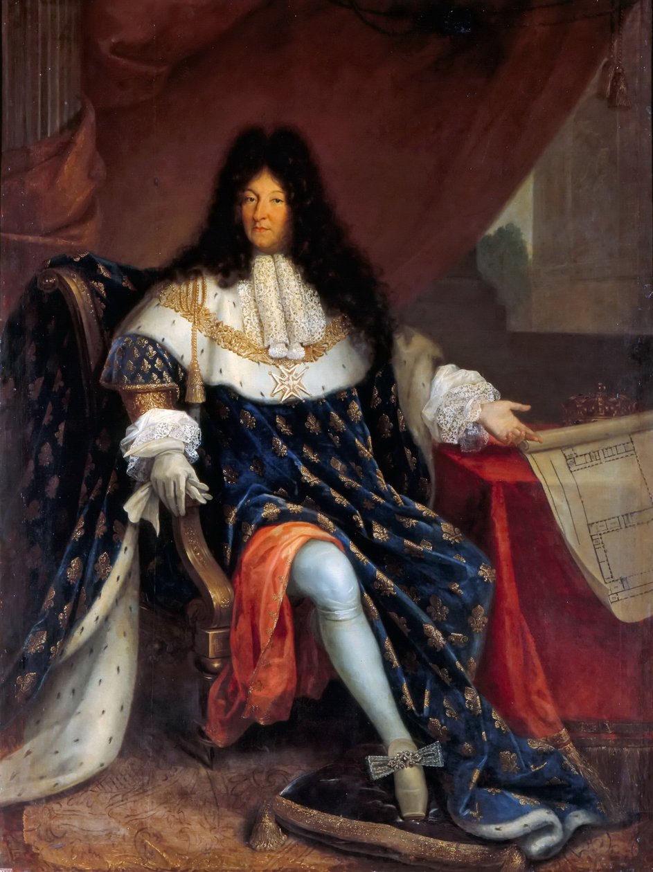 Retrato de Luís XIV segurando o plano da Casa Real de Saint-Louis em Saint-Cyr de Nicolas Rene Jollain