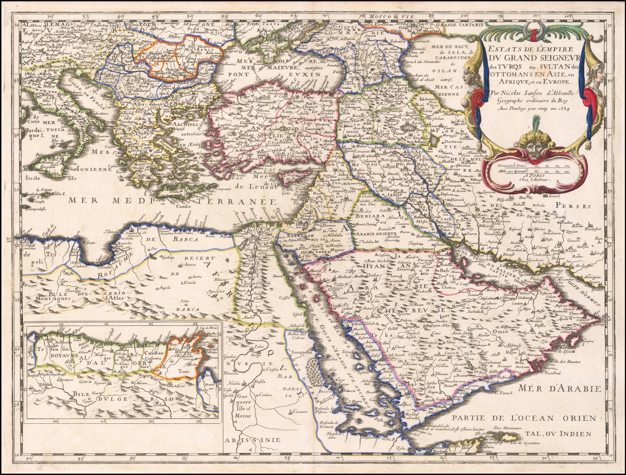 Mapa de 1654 - Estates do Império do Grande Senhor dos Turcos ou Sultão dos Otomanos na Ásia, África e Europa de Nicolas Sanson