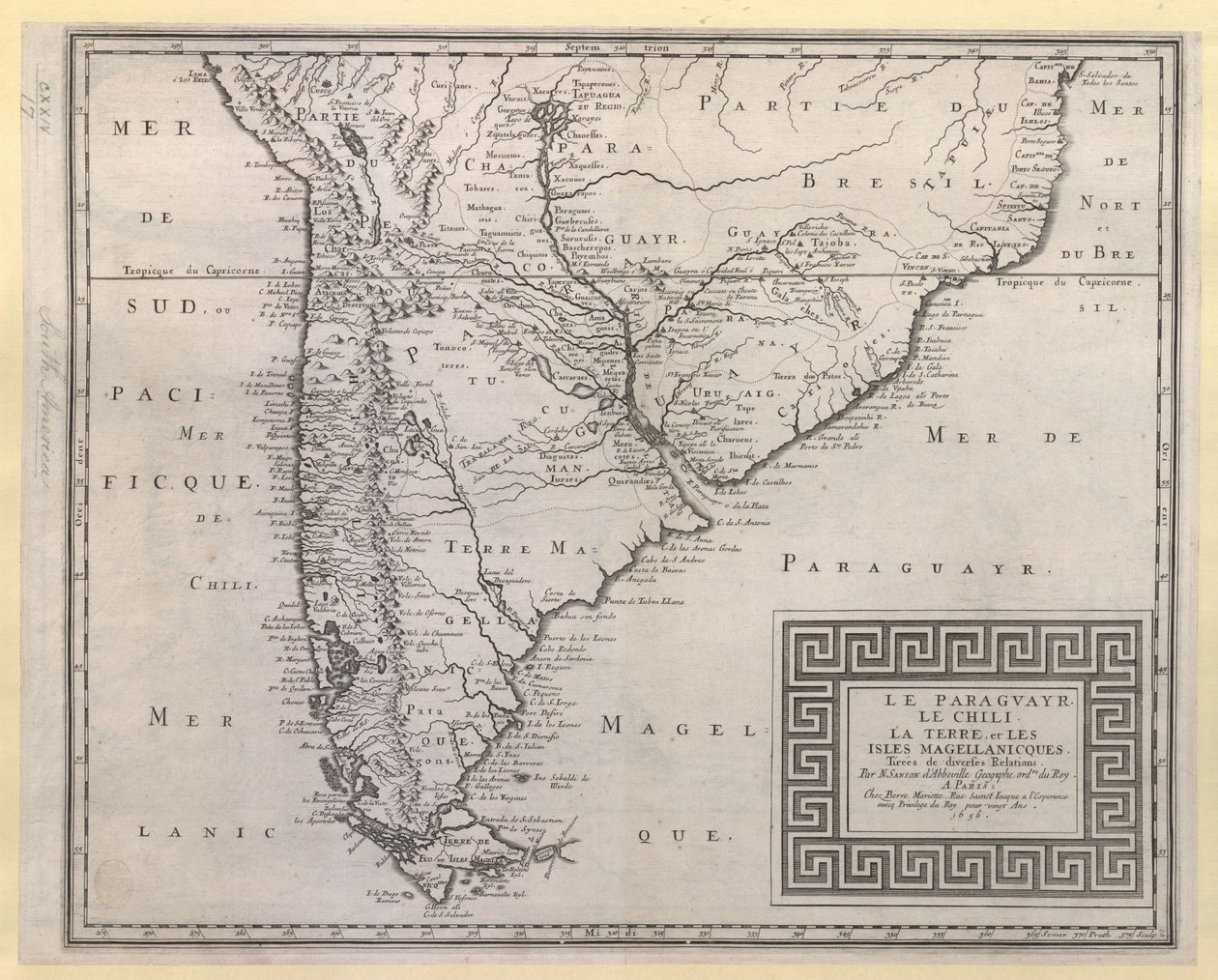 PARAGUAYR. CHILE. LA TERRE, et LES ISLES MAGELLANICQUES. Extraído de várias Relações / Por N. SANSON d