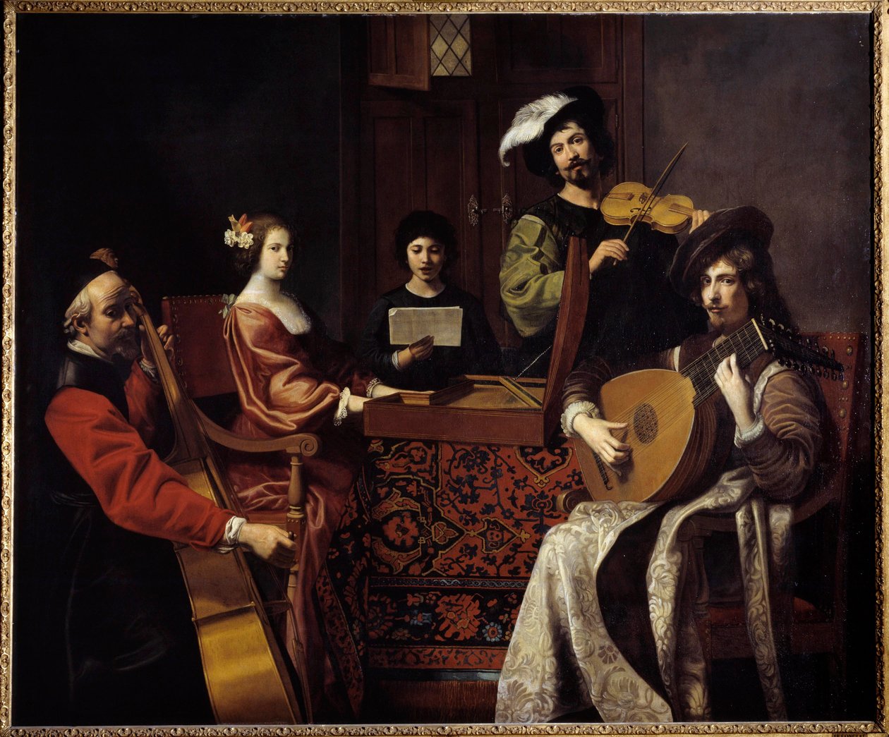 Música barroca: "O concerto" Músicos tocando instrumentos de corda. Pintura de Nicolas Tournier (1590-1657) Sol do século XVII. 1,88x2,26 m de Nicolas Tournier