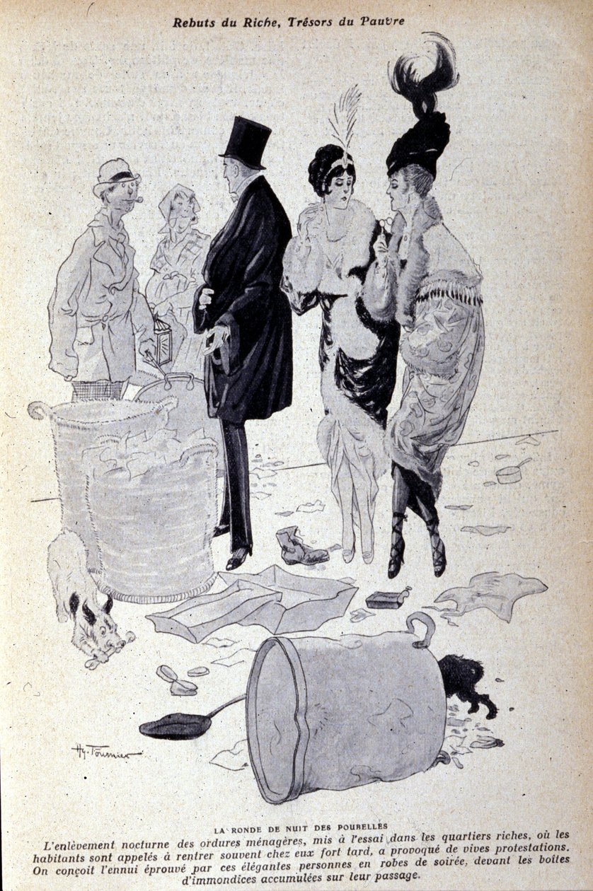 Paris: o lixo se acumula na rua diante de pessoas elegantemente vestidas. Ilustração da imprensa francesa por H. Tournier de Nicolas Tournier