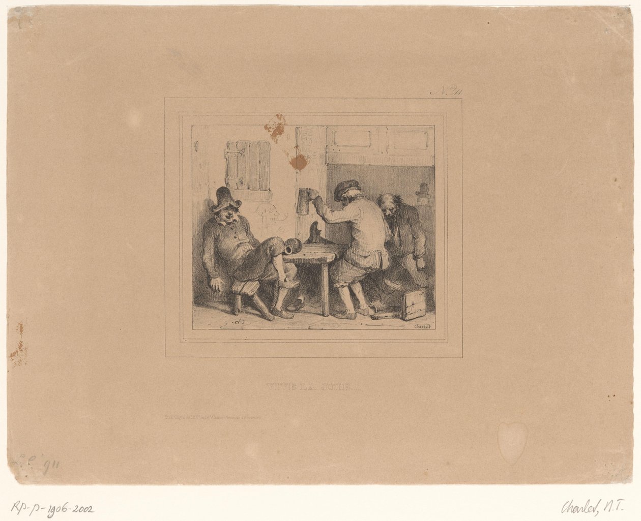 Três camponeses bêbados em um pub Vive la joie (título no objeto) Sketches 1837 (título da série) Croquis por Charlet 1837 (título da série) de Nicolas Toussaint Charlet