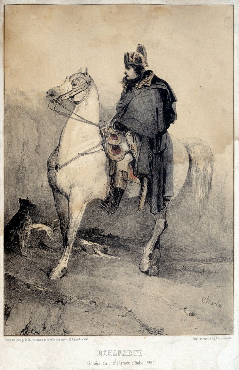 Retrato equestre de Napoleão I Bonaparte (1769-1821) Chefe Geral da Armee da Itália de Nicolas Toussaint Charlet