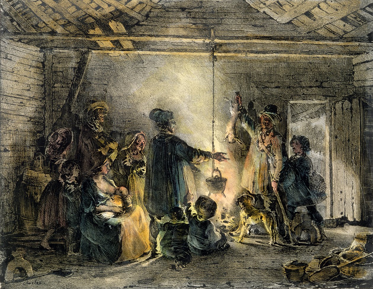 Interior da cabana de um mineiro de carvão, gravado por Godefroy Engelmann (1788-1839) 1829 de Nicolas Toussaint Charlet