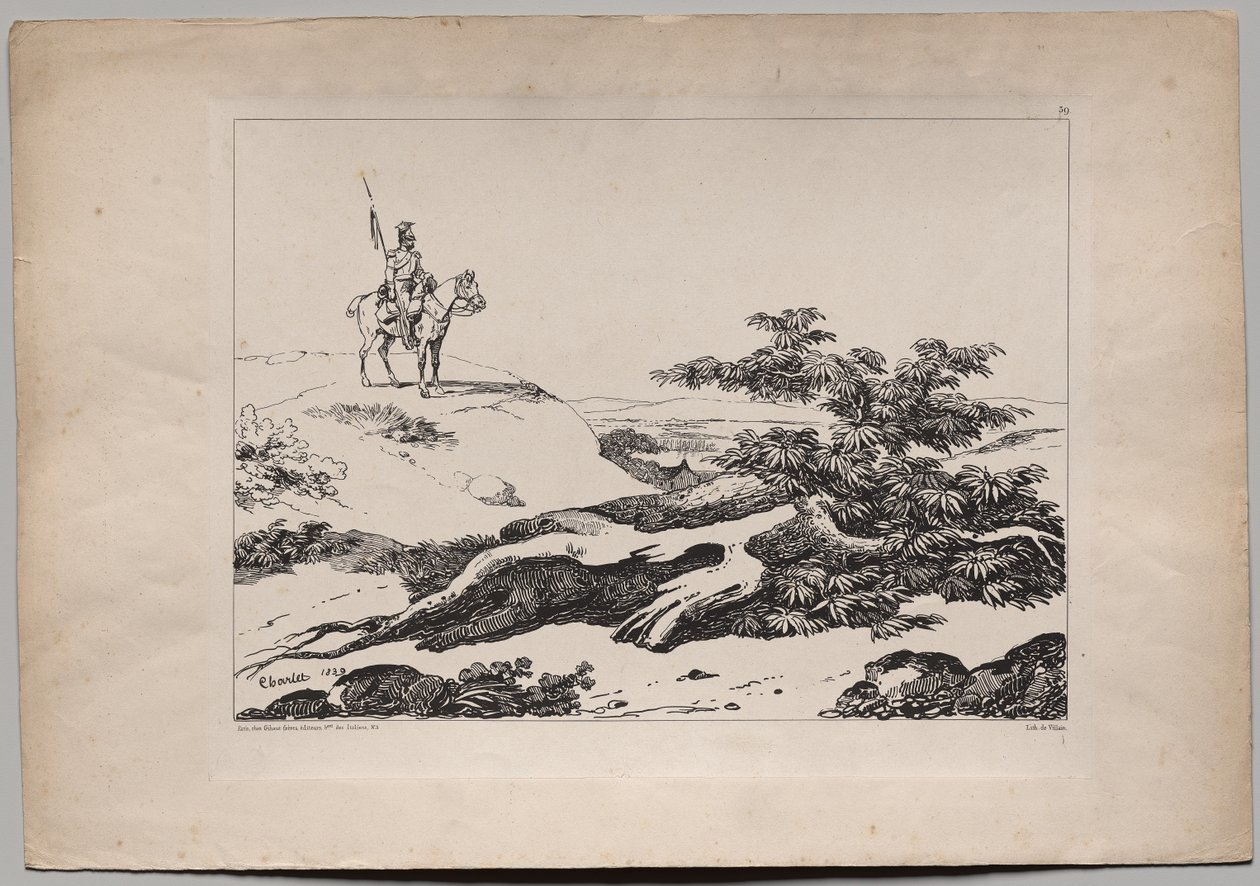 Soldado a cavalo na paisagem de Nicolas Toussaint Charlet