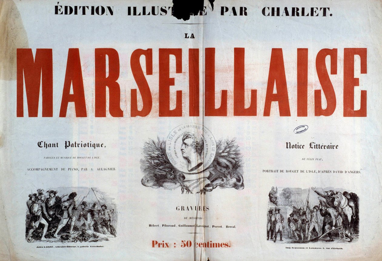 Página de título da canção patriótica "La Marseillaise". Ilustração de Charlet Nicolas Toussaint (1792-1845) Paris do século XIX, arquivos nacionais. de Nicolas Toussaint Charlet
