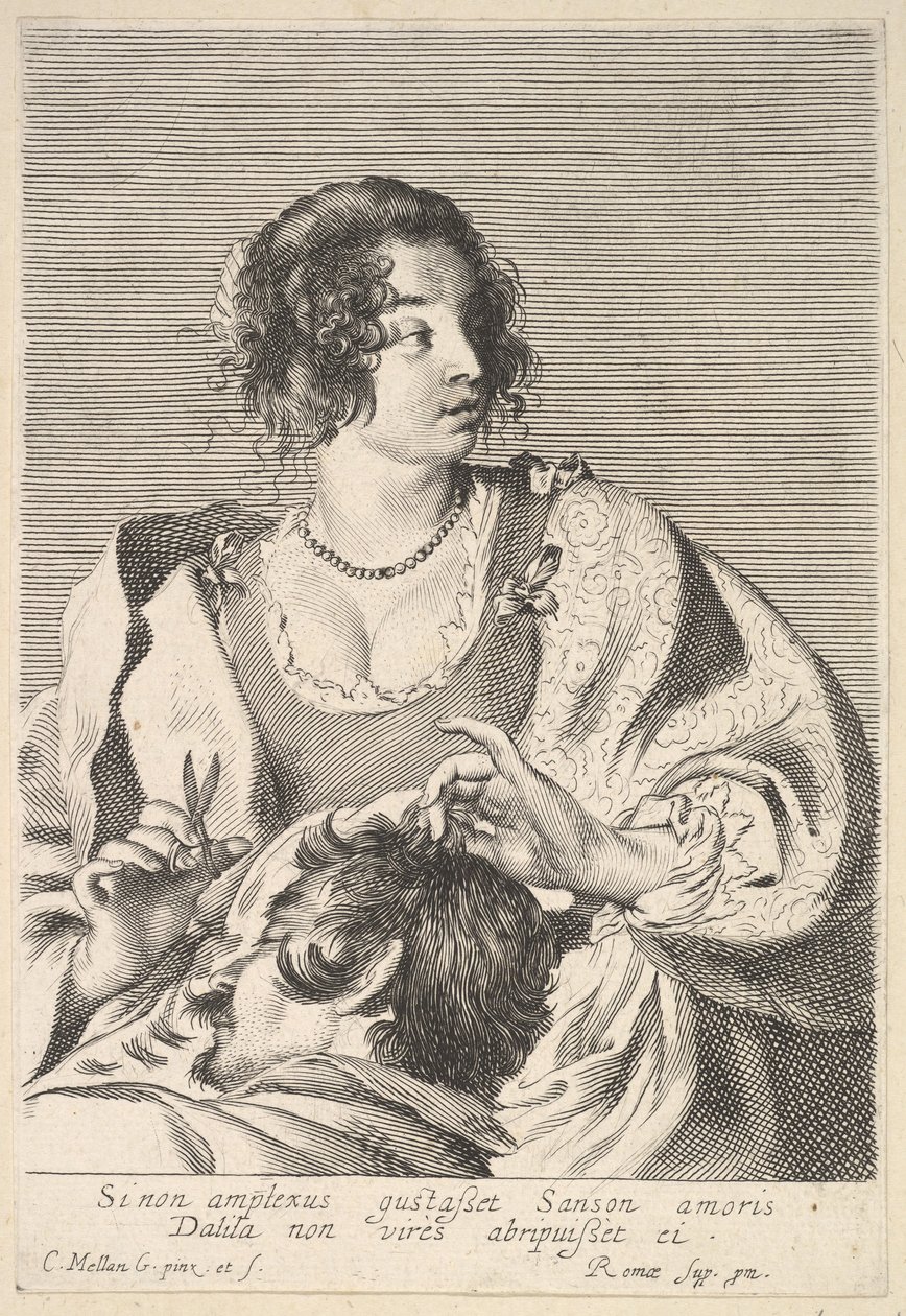 Dalila se preparando para cortar o cabelo de Sansão com uma tesoura na mão direita, abaixo do peito..., ca. 1629. de Nicolas Viennot