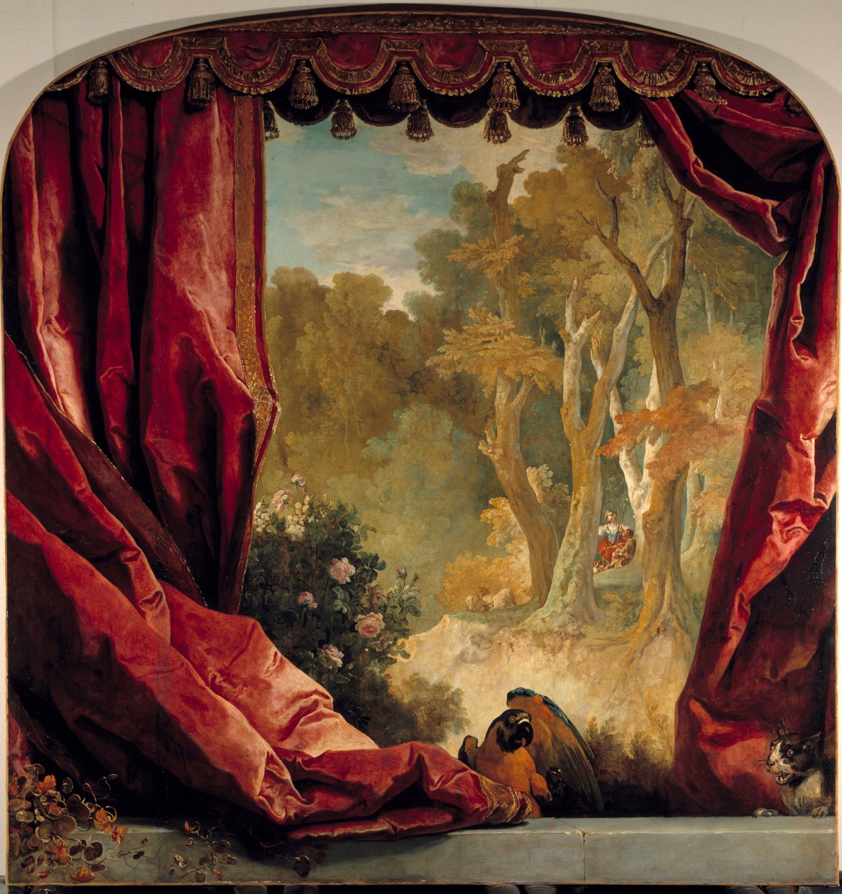 Composição decorativa com cortinas, paisagem e animais Pintura de Nicolas de Largilliere (1656-1746) Sol do século XVIII. 2,61x2,51 m de Nicolas de Largillière