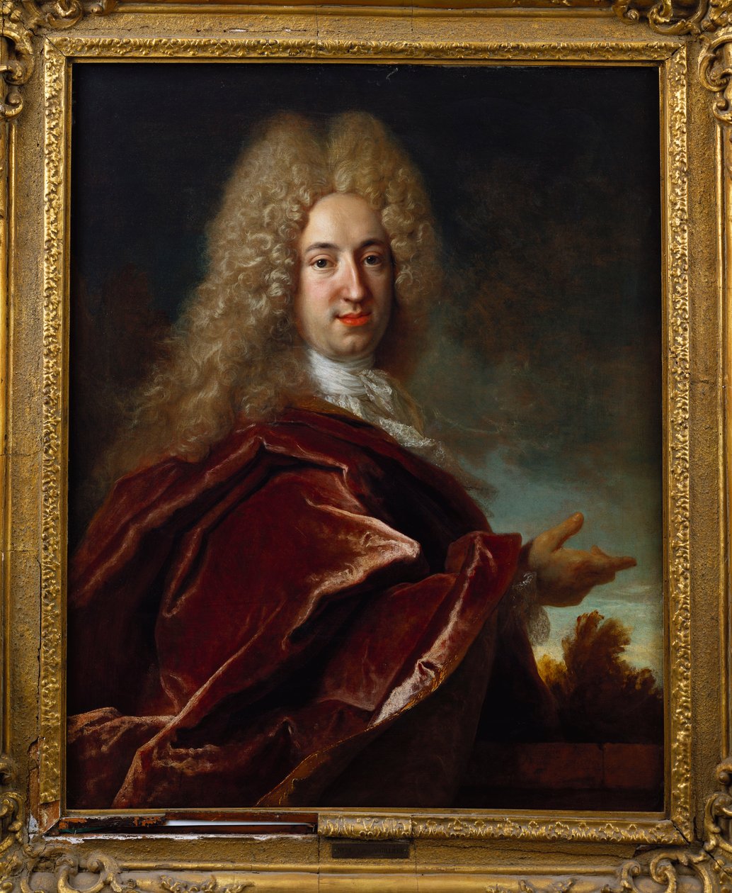 Retrato de um cavalheiro, vestindo uma peruca longa, jabot de renda e manto cor de vinho de Nicolas de Largillière