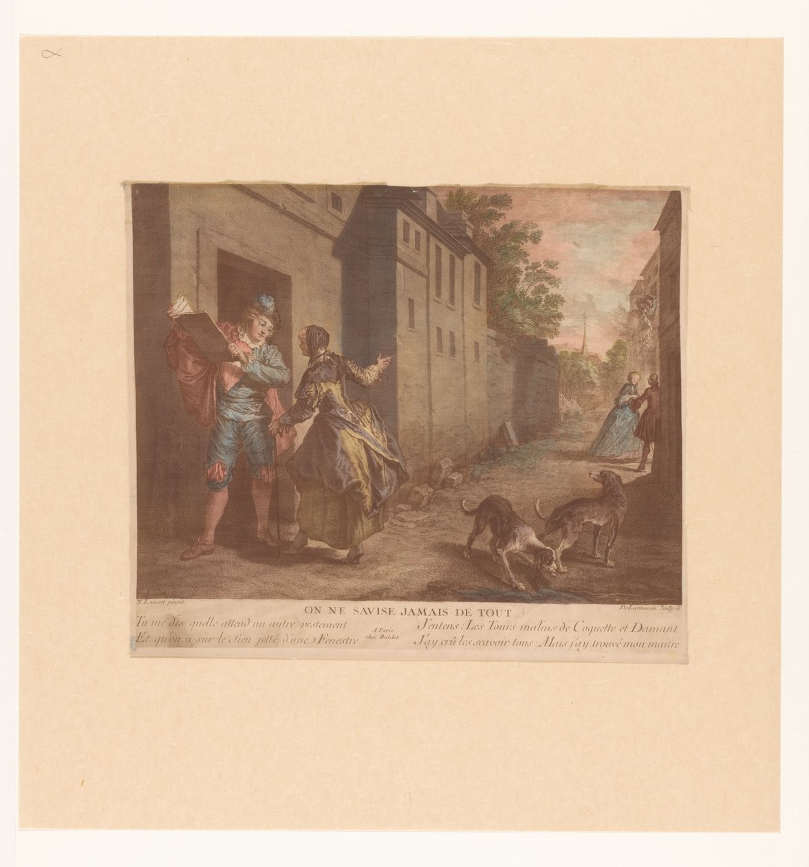 Straat Gezicht conheceu homem conheceu boek Ou nunca pense em tudo (título no objeto) Fabels van Jean de La Fontaine (título da série) Suite of New Prints for the Tales of La Fontaine (título da série) de Nicolas de Larmessin (III)