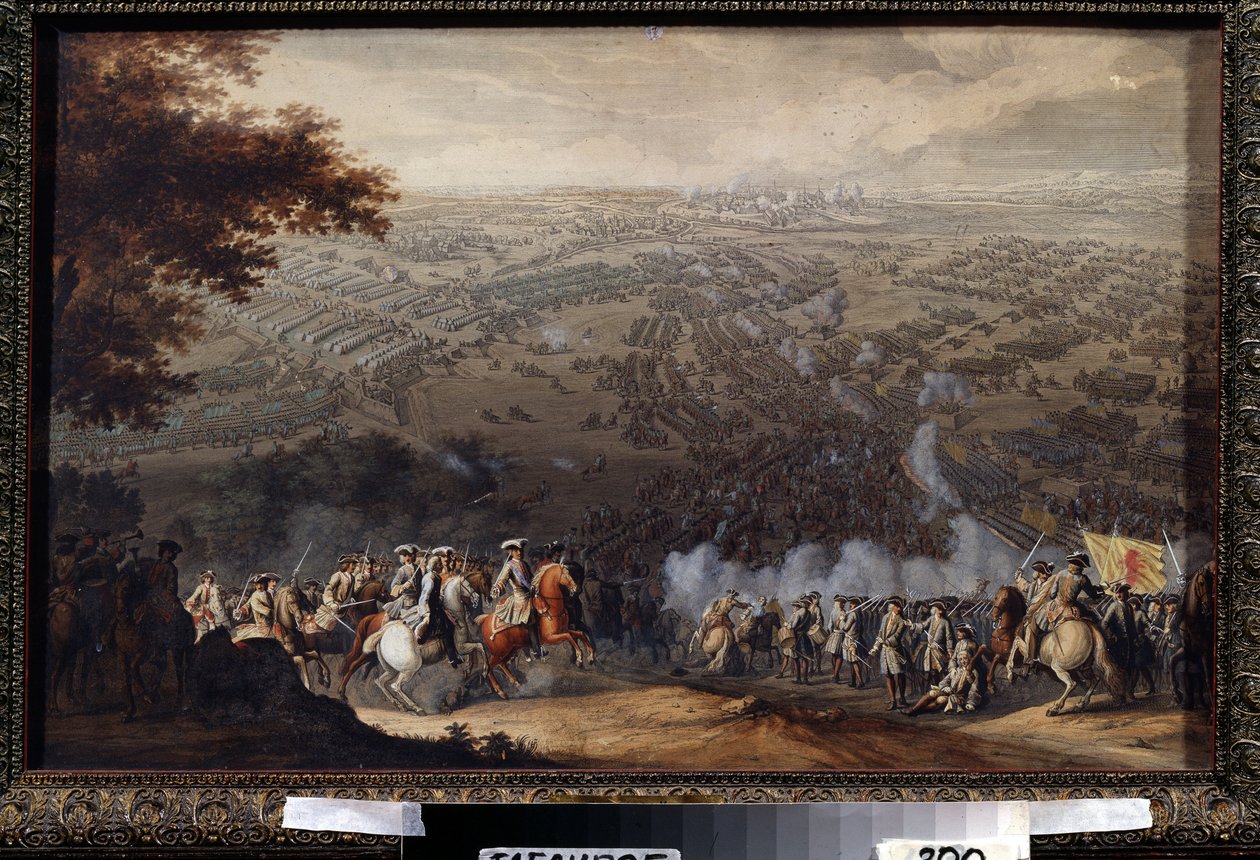 A Batalha de Poltava, em 27 de junho de 1709. A batalha opôs o exército sueco de Carl XII da Suécia ao do czar russo Pedro, o Grande, durante a Grande Guerra do Norte (1700 a 1721). Pintura de Nico de Nicolas de Larmessin