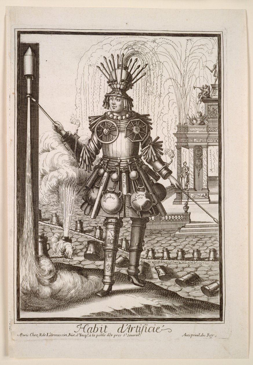 Trajes fantasiosos: Traje do Criador de fogos de artifício, c. 1690 de Nicolas de Larmessin II