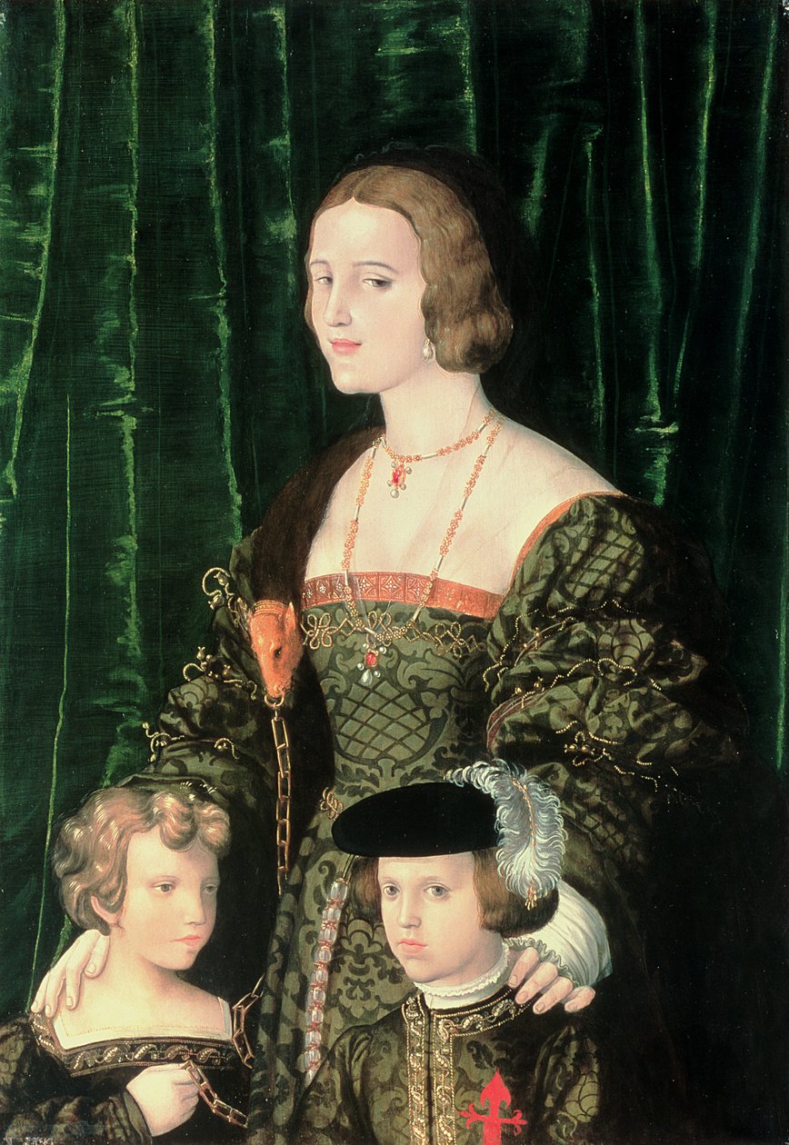 Joanna the Mad de Castille (1479-1555), o jovem Charles V (1500-58) e sua irmã de Nicolaus Alexander Mair von Landshut