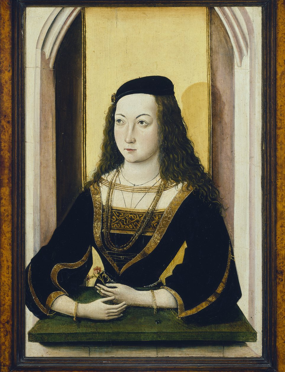 Retrato, de, um, mulher jovem, segurando, um, flor, tarde, 15º século, óleo, ligado, painel de Nicolaus Alexander Mair von Landshut