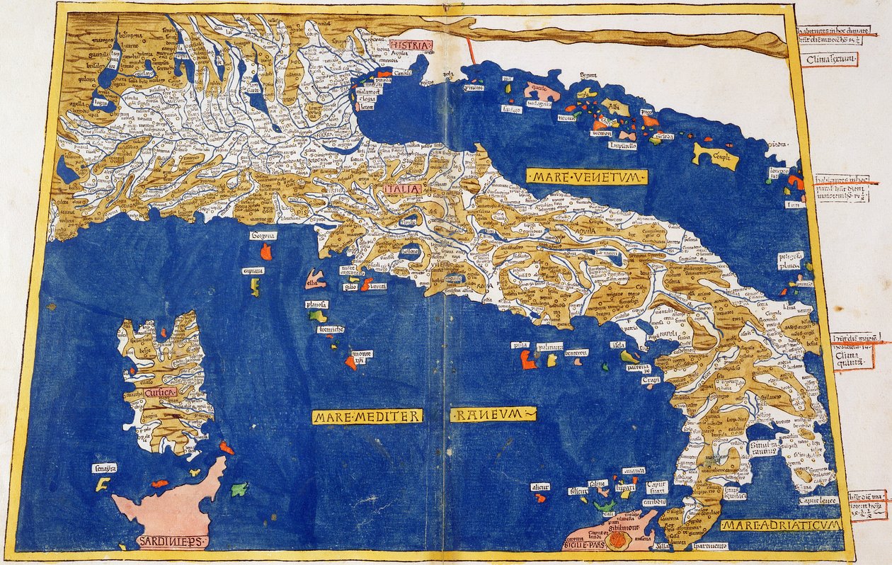 Mapa ptolomaico da Itália, 1482 (lito colorido) de Nicolaus Germanus