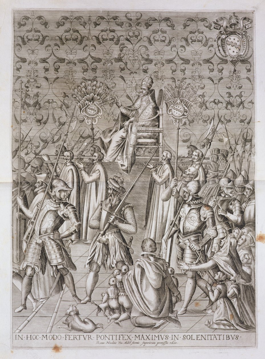 O Papa Sisto V (1521-90) é levado para a Cerimônia de Dedicação do Obelisco em frente à Basílica de San Giovanni Laterano, Roma, em 1588, 1600 (ver também 193204). de Nicolaus van Aelst