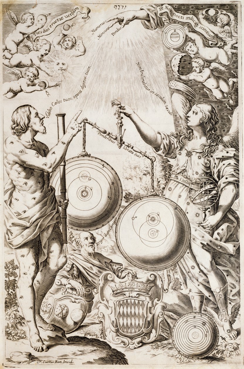 Tolomeo, sentado entre alegorias de Argo e Astrea, contempla diagramas de cosmologias desenhados por Copérnico e Riccioli, ilustração retirada do tratado de Giovanni Battista Riccioli sobre história da astronomia Almagestum Novum, Bolonha de Nicolaus (after) Copernicus
