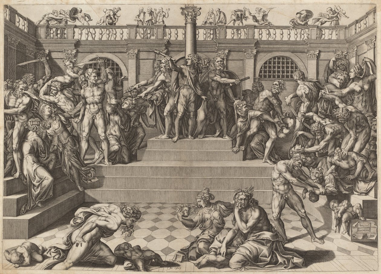 O Massacre dos Inocentes de Nicolaus Beatrizet, after Marco Dente, after Baccio Bandinelli