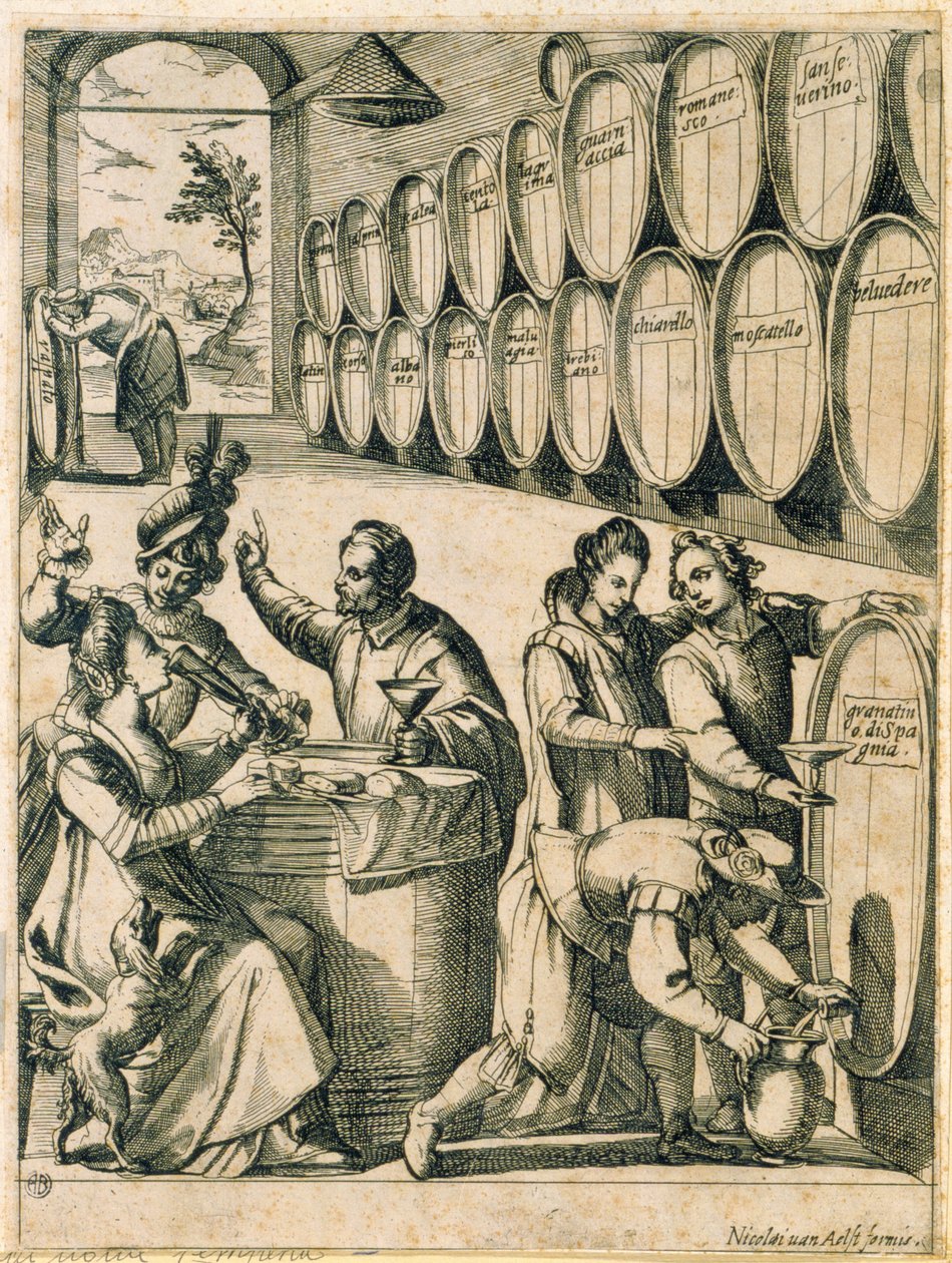 Bebedouros numa adega (os nomes dos vinhos romanos estão inscritos nos barris) de Nicolaus van Aelst