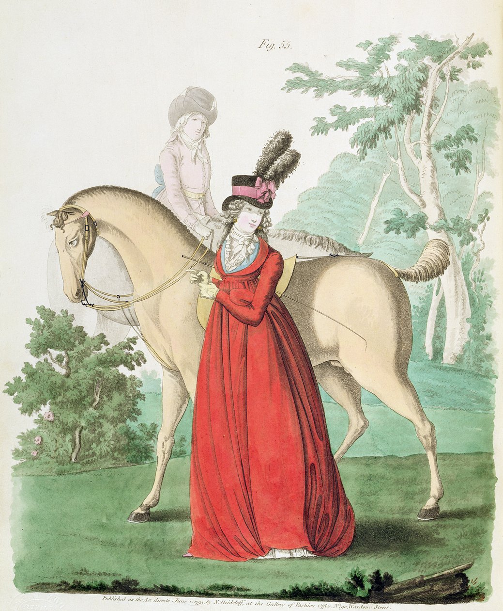 Uma senhora saindo a cavalo no vestido de montaria da Galeria da Moda de Nikolaus Heideloff, Vol. II, junho de 1795 (impressão) de Nicolaus von Heideloff