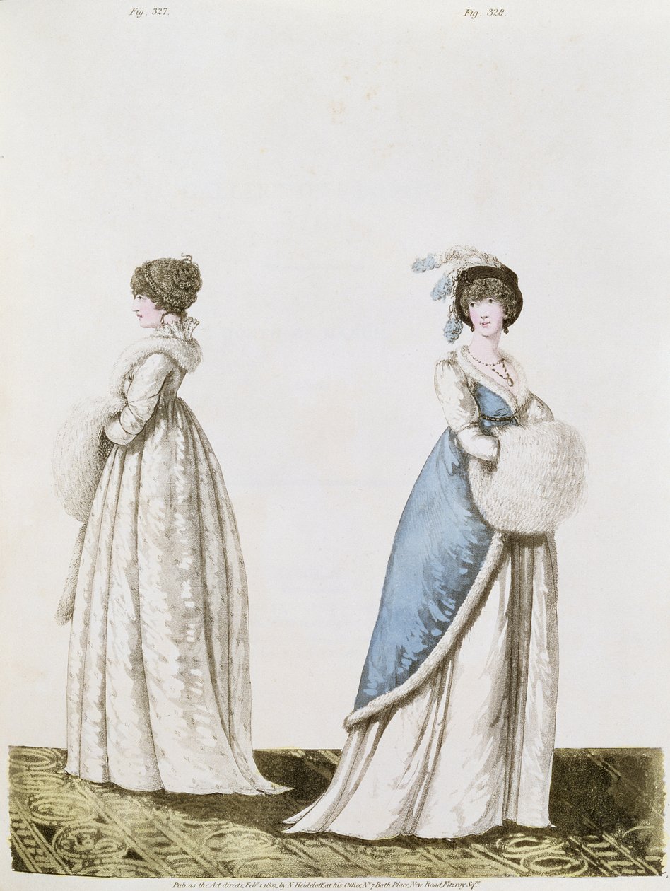 Tarde veste figos. 327 e 328 da Galeria da Moda de Nikolaus Heideloff Vol. II, fevereiro de 1802 (impressão) de Nicolaus von Heideloff