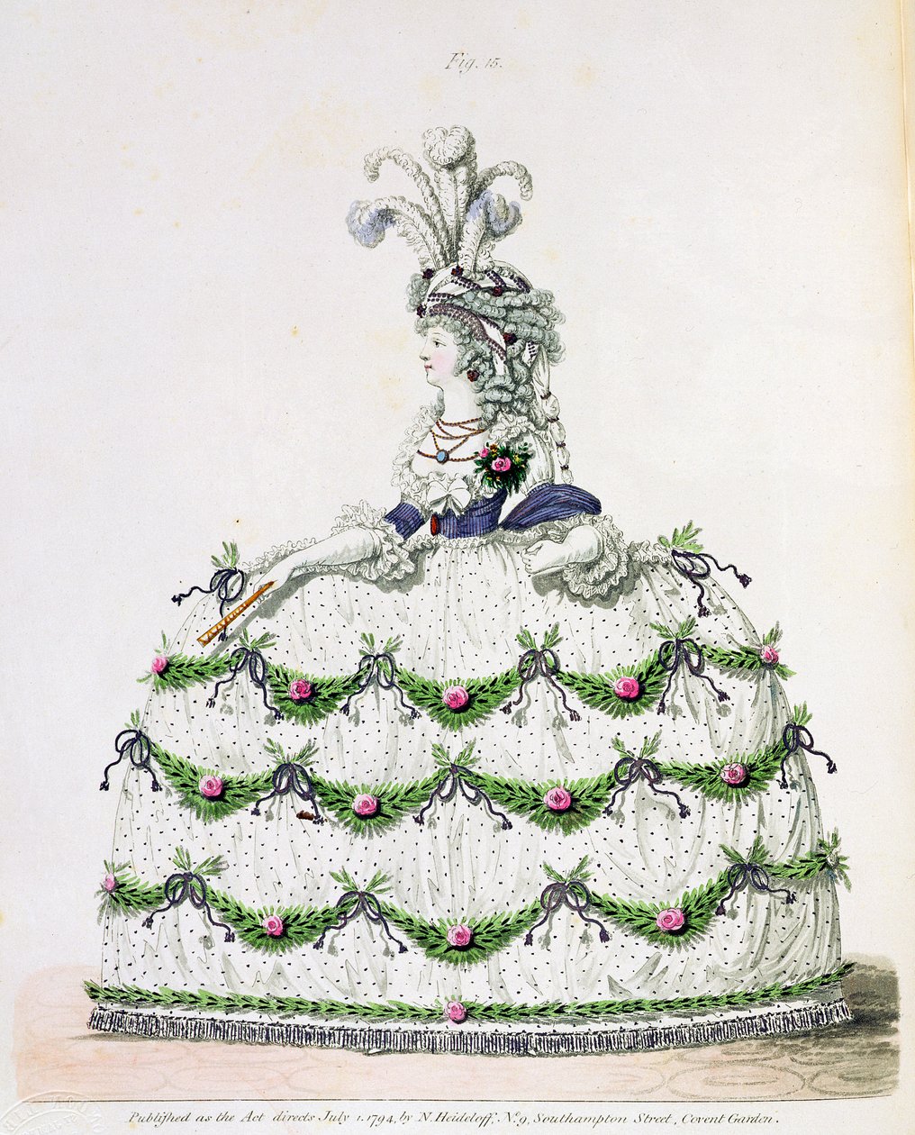 Vestido de corte, fig. 15, de Nikolaus Heideloff, "Galeria da Moda" Vol. I, julho de 1794 (impresso) de Nicolaus von Heideloff