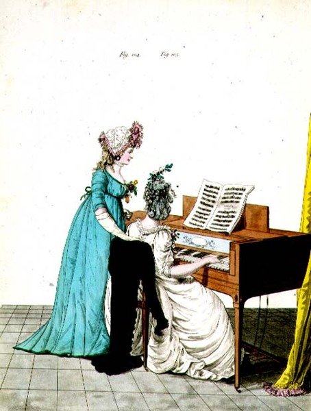 Fig. 104 e 105, placa de moda da Galeria de Moda de N. Heideloff, julho de 1798 (gravura colorida) de Nicolaus von Heideloff