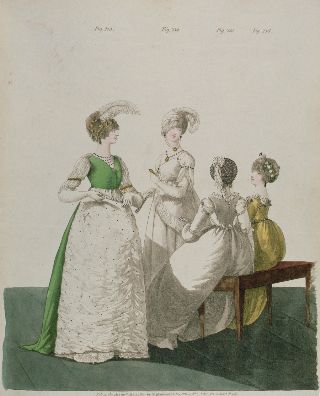 Quatro meninas em vestidos de baile da &39;Galeria da Moda&39; de N. Heideloff, abril de 1800 de Nicolaus von Heideloff