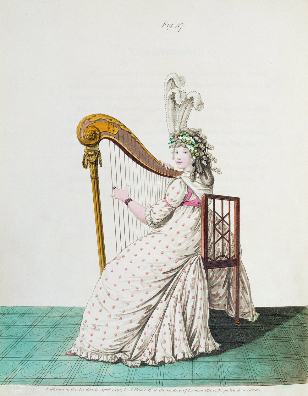 Lady tocando a harpa em vestido de noite da Galeria de Moda de Nikolaus Heideloff, Vol. II, abril de 1795 (impressão) de Nicolaus von Heideloff