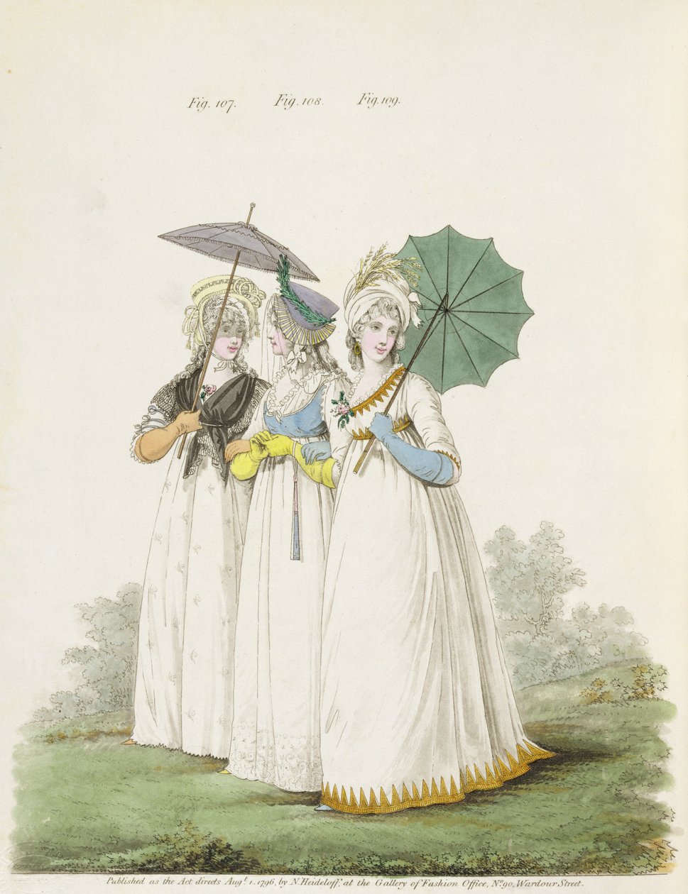 Vestidos de manhã, figos. 107, 108 e 109 da "Galeria da Moda" de Nikolaus Heideloff, vol. II, agosto de 1796 (impresso) de Nicolaus von Heideloff