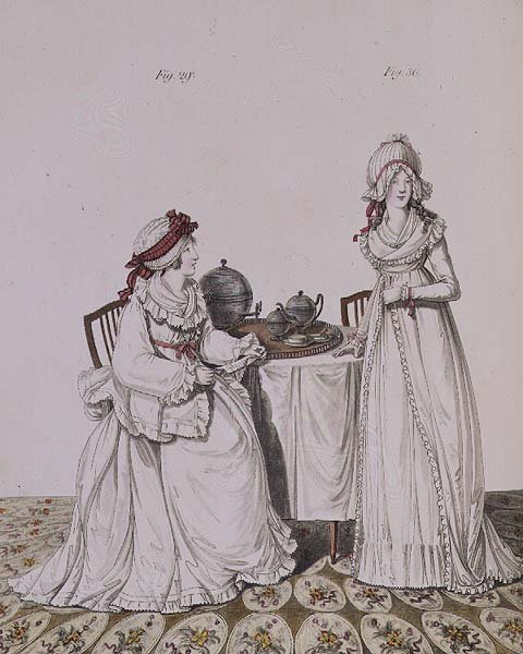 Duas senhoras ao pequeno-almoço no camarim, com toucas e peignoirs, da "Galeria da Moda" de Nikolaus Heideloff, Vol I, Novembro 1794 (estampado) de Nicolaus von Heideloff